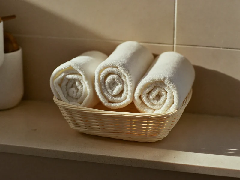 Trei prosoape mici rulate într-un coș din răchită pe raftul băii