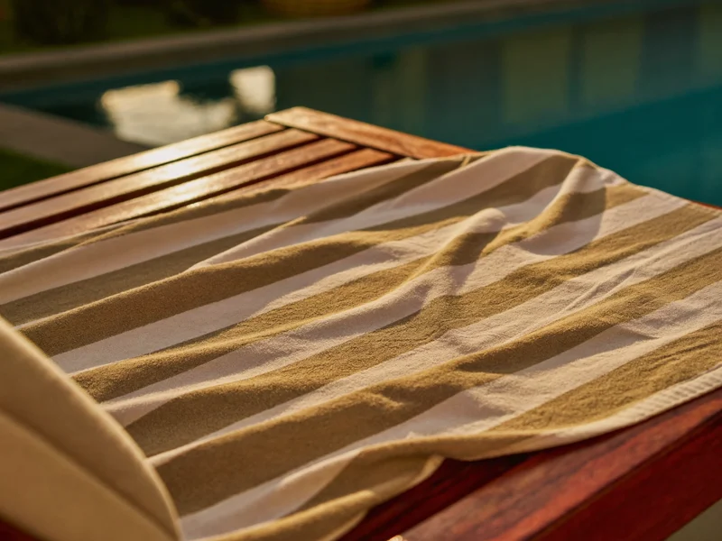 Prosop de plajă cu dungi, întins pe un șezlong lângă piscină